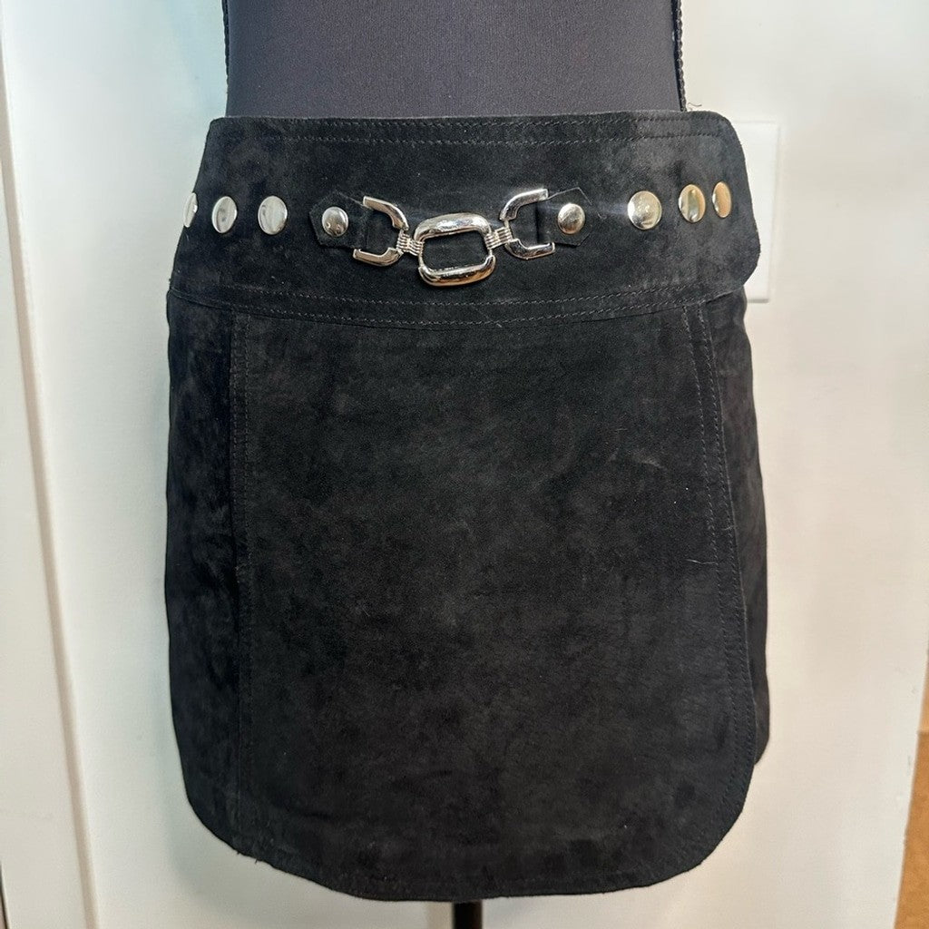 Vintage 00s Bebe black suede mini skirt with buckles & studs Y2K style