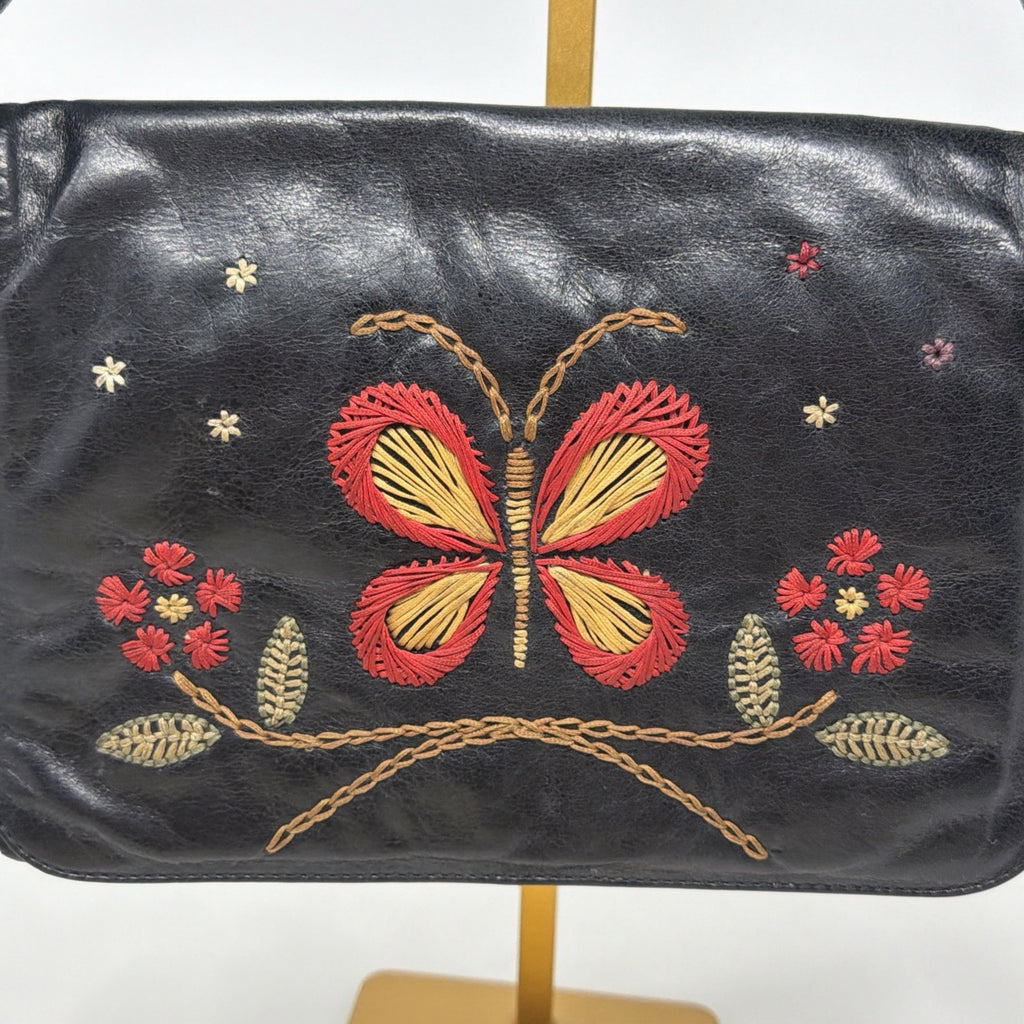 Francesco Biasia Vintage Black Leather Butterfly Embroidered Tassel Boho Bag