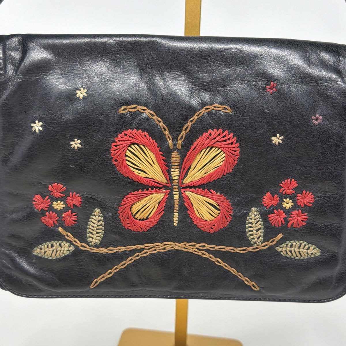 Francesco Biasia Vintage Black Leather Butterfly Embroidered Tassel Boho Bag
