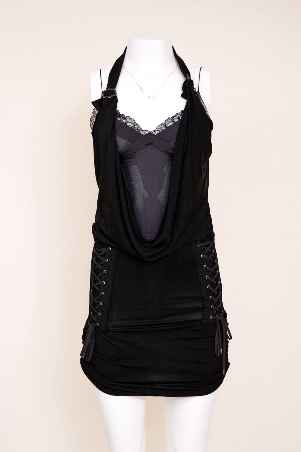 S/S 2004 Christian Dior by John Galliano Lace Up Cowl Halter Black Bodycon Dress
