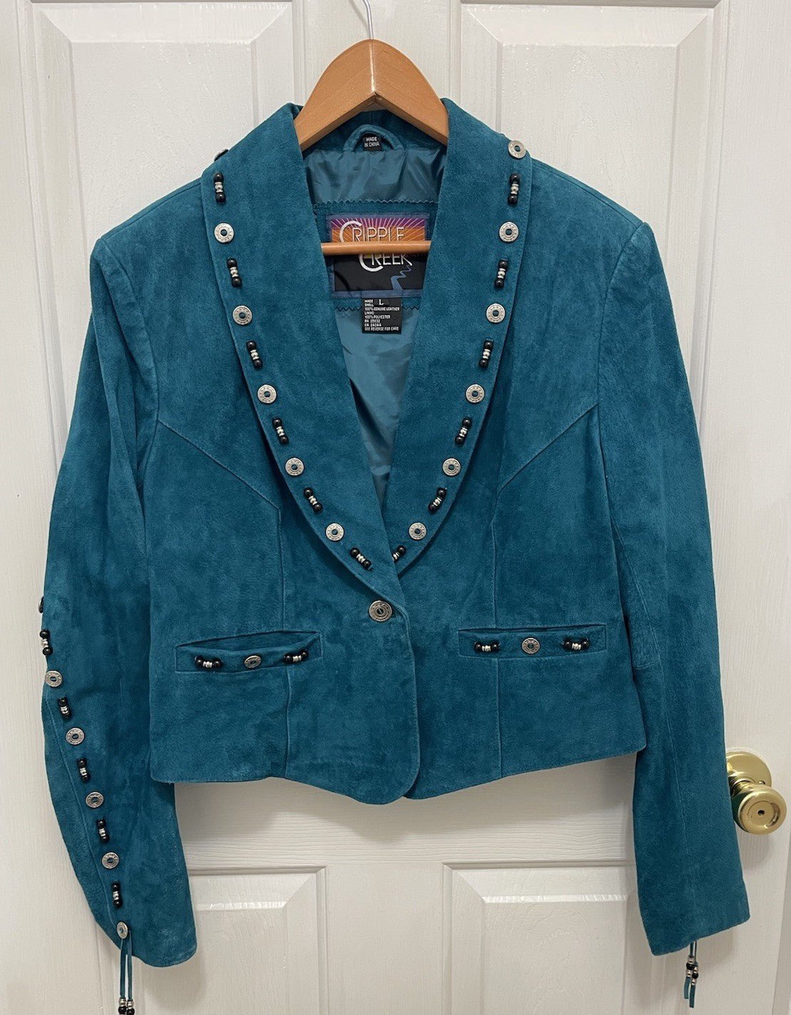 Cripple Creek Suede Leather Jacket Fringed Studded Beaded Teal Women's Large