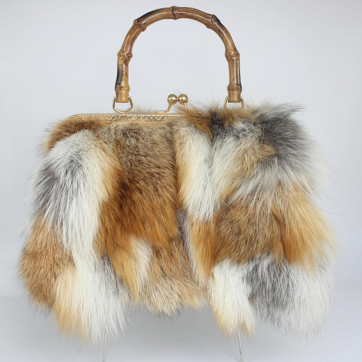 Real Fox Fur Handbag Vintage Kisslock Purse with Bamboo Handle