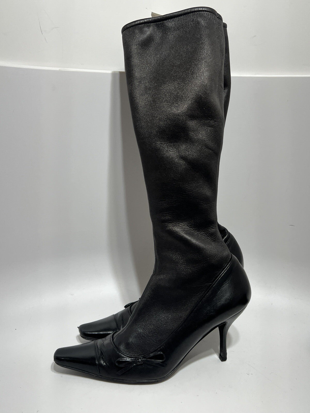Vtg CHANEL BLACK LEATHER CC LOGO SOCK BOOTS 39