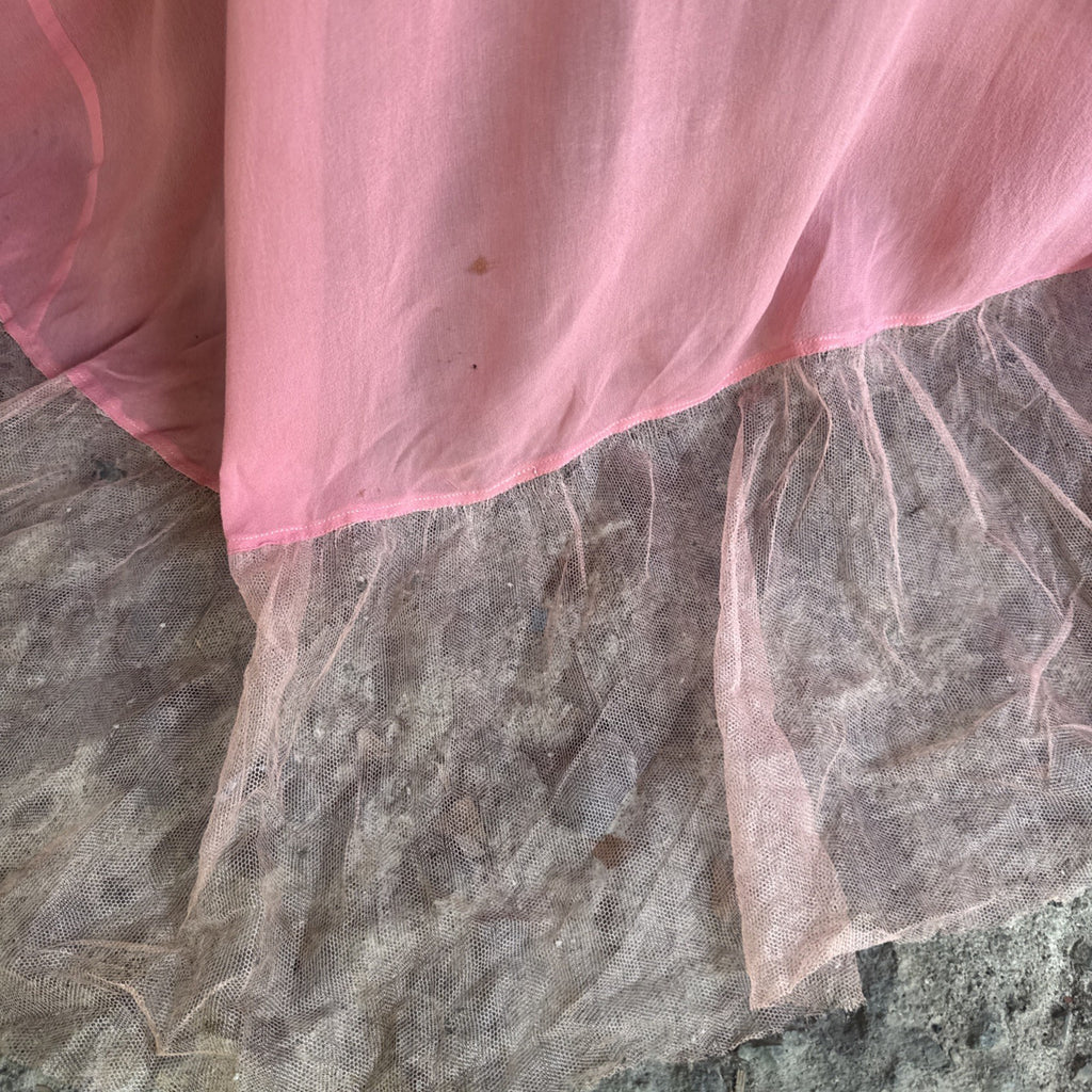 Vintage Late 1920s Early 1930s Bubblegum Pink Silk Chiffon Dress Sheer Ruffle
