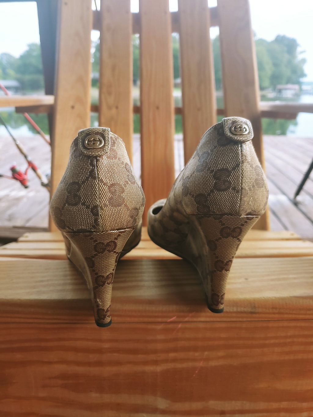 Gucci Beige and Brown GG Canvas Slip On Wedge Heels Size 10