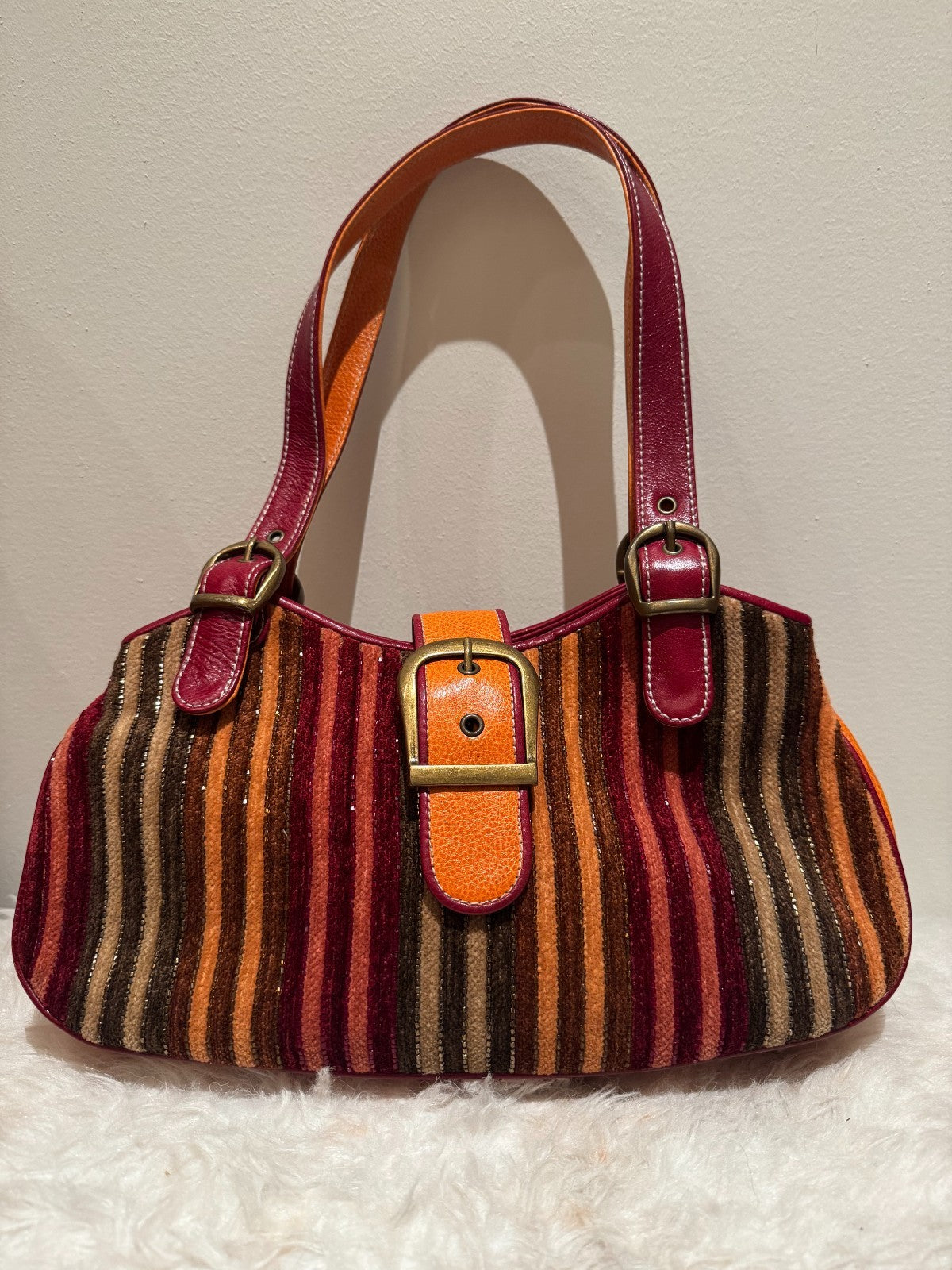 Isabella Fiore Multicolored Striped Velvet Shoulder Bag