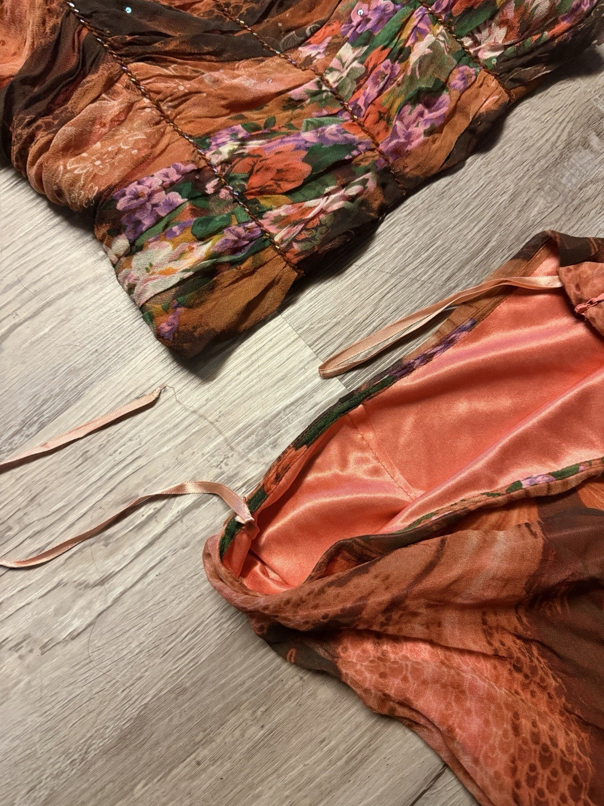 Y2K Euro Brown Floral Beaded Silk Two Piece Top and Skirt Small Medium
