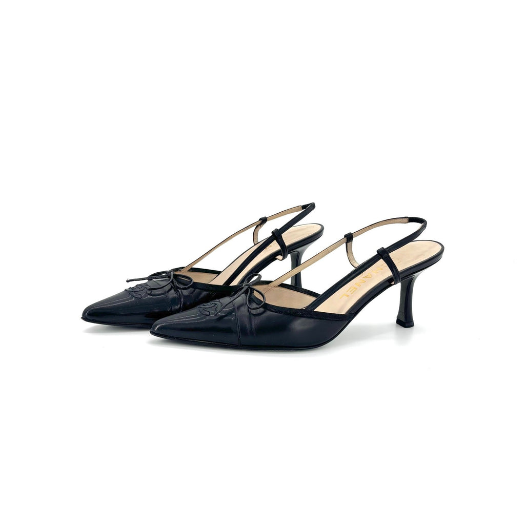 Vintage Chanel CC Logo Bow Black Leather Slingback Pointed Toe Pumps 38.5EU