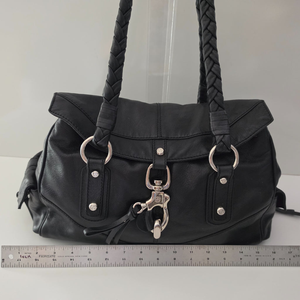 Francesco Biasia Large Black Leather Braided Shoulder Bag