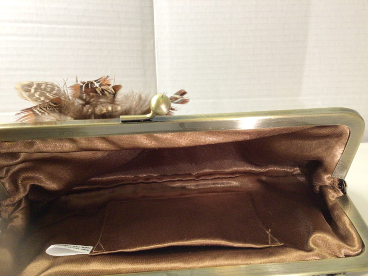 Satin Pleated Evening Clutch with Feather Beading in Bronze