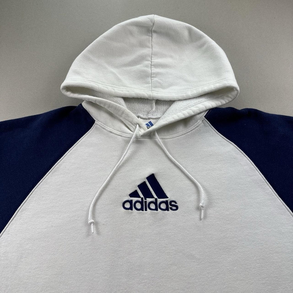 Vintage Adidas Hoodie Sweatshirt Mens XL White Blue Raglan Fleece 3 Stripes y2k