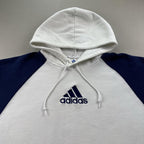 Vintage Adidas Hoodie Sweatshirt Mens XL White Blue Raglan Fleece 3 Stripes y2k