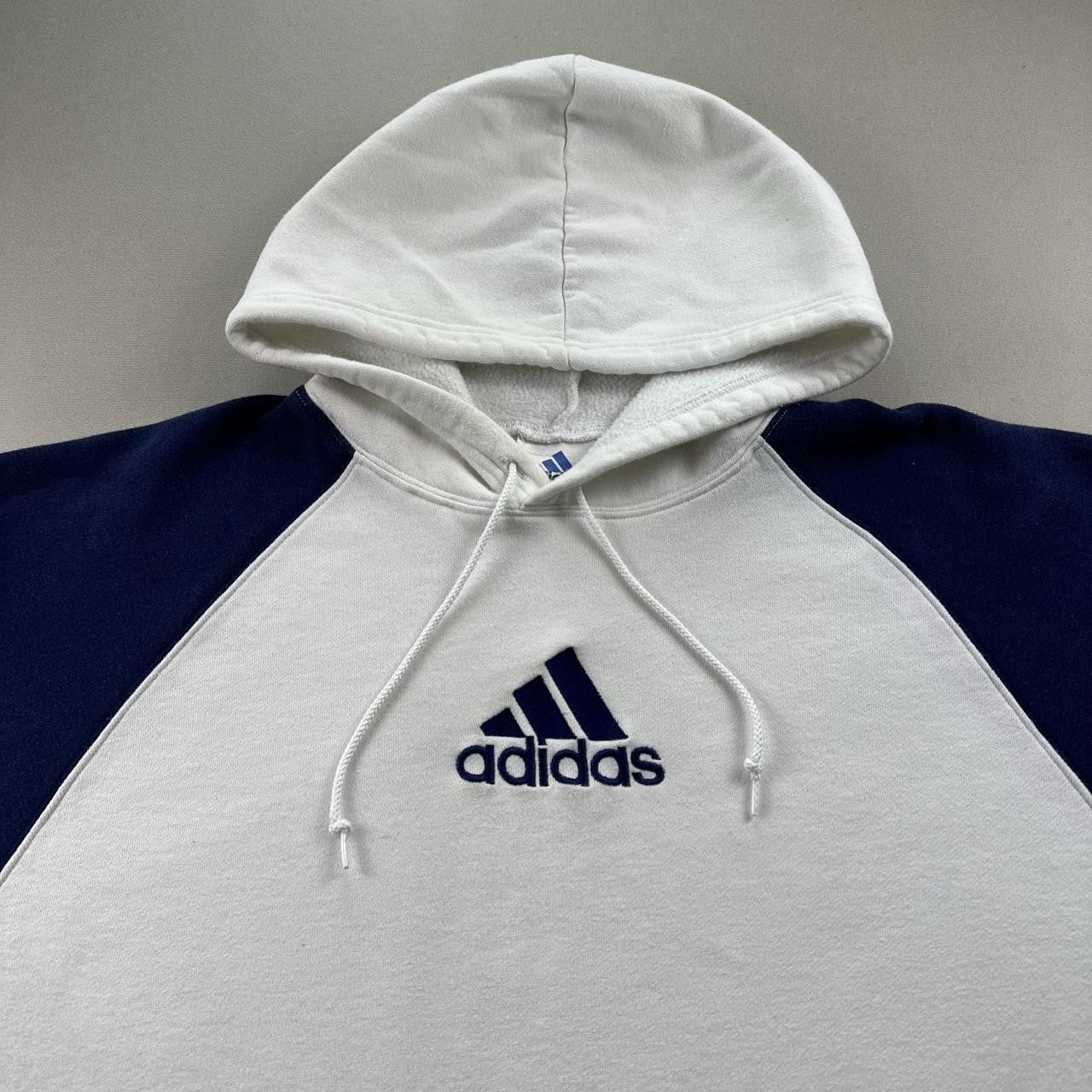 Vintage Adidas Hoodie Sweatshirt Mens XL White Blue Raglan Fleece 3 Stripes y2k