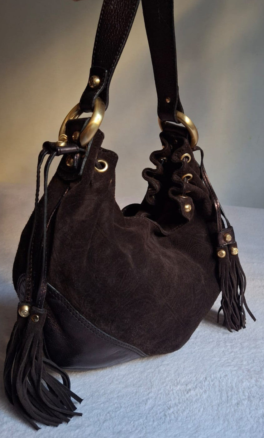 Francesco Biasia Brown Leather and Suede Medium Shoulder Bag with Tassels