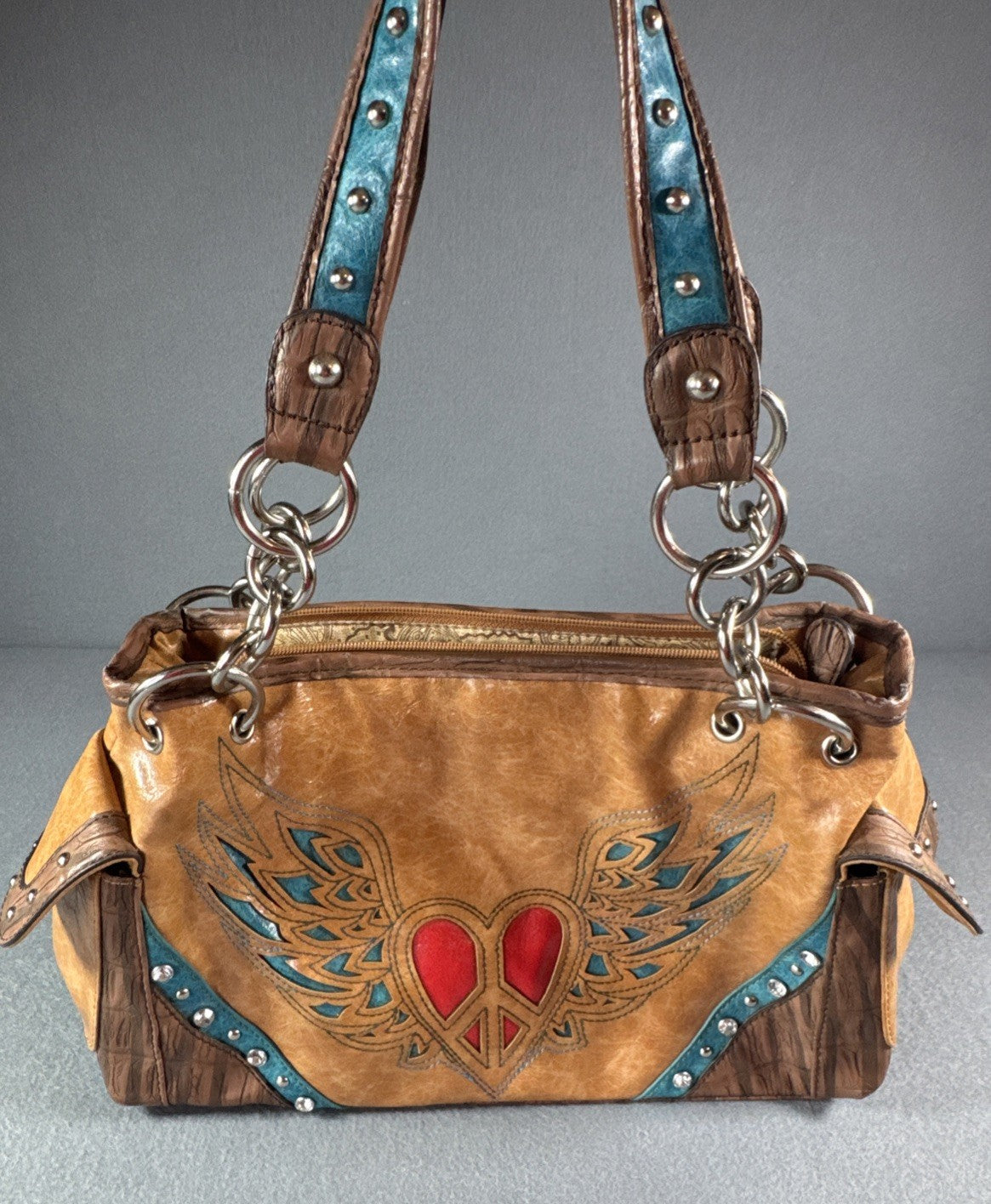 Blazin Roxx Winged Heart Peace Studded Southwestern Faux Leather Bag