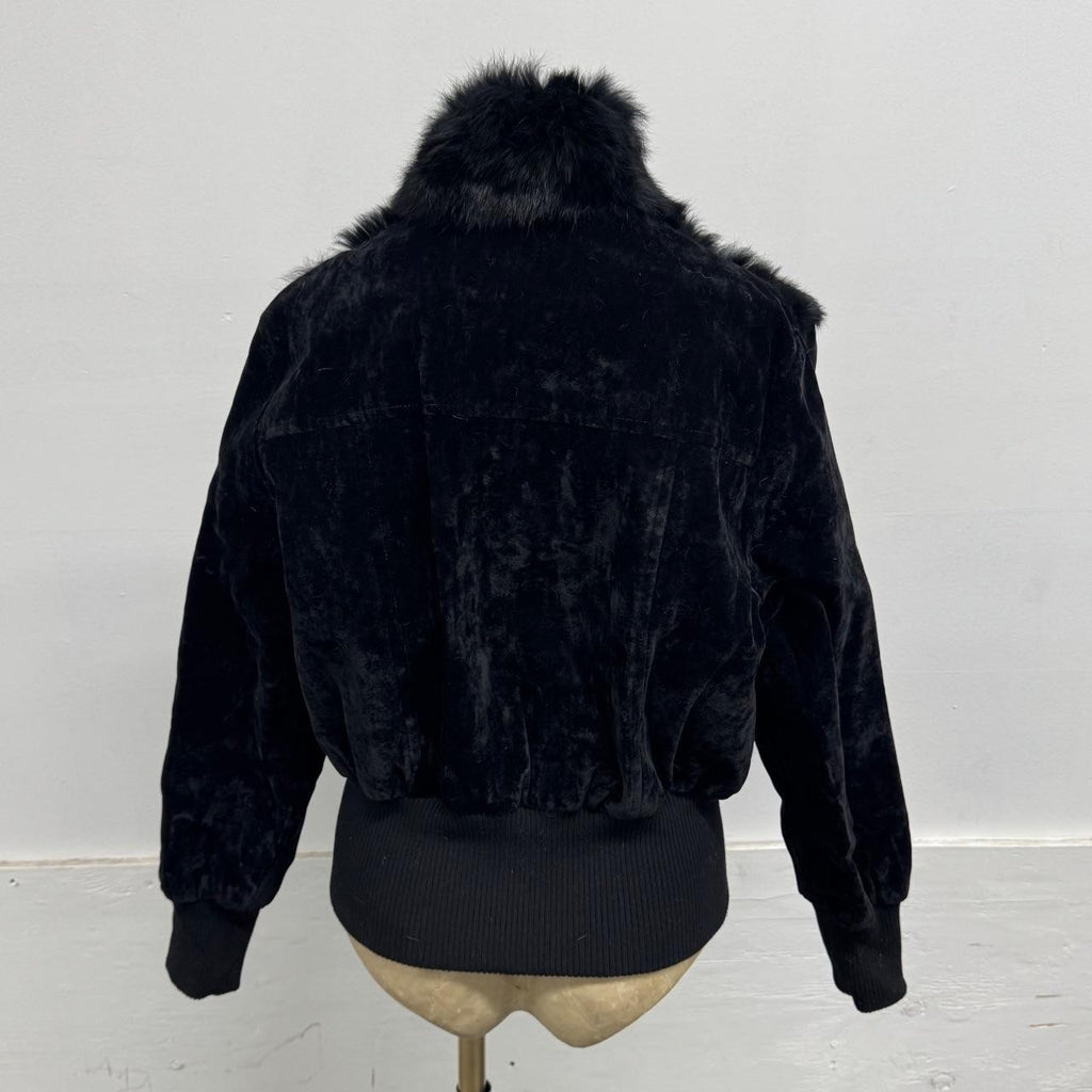 Vintage Y2K Black Plush Rabbit Fur and Velvet Zip-Up Bomber Jacket