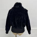 Vintage Y2K Black Plush Rabbit Fur and Velvet Zip-Up Bomber Jacket