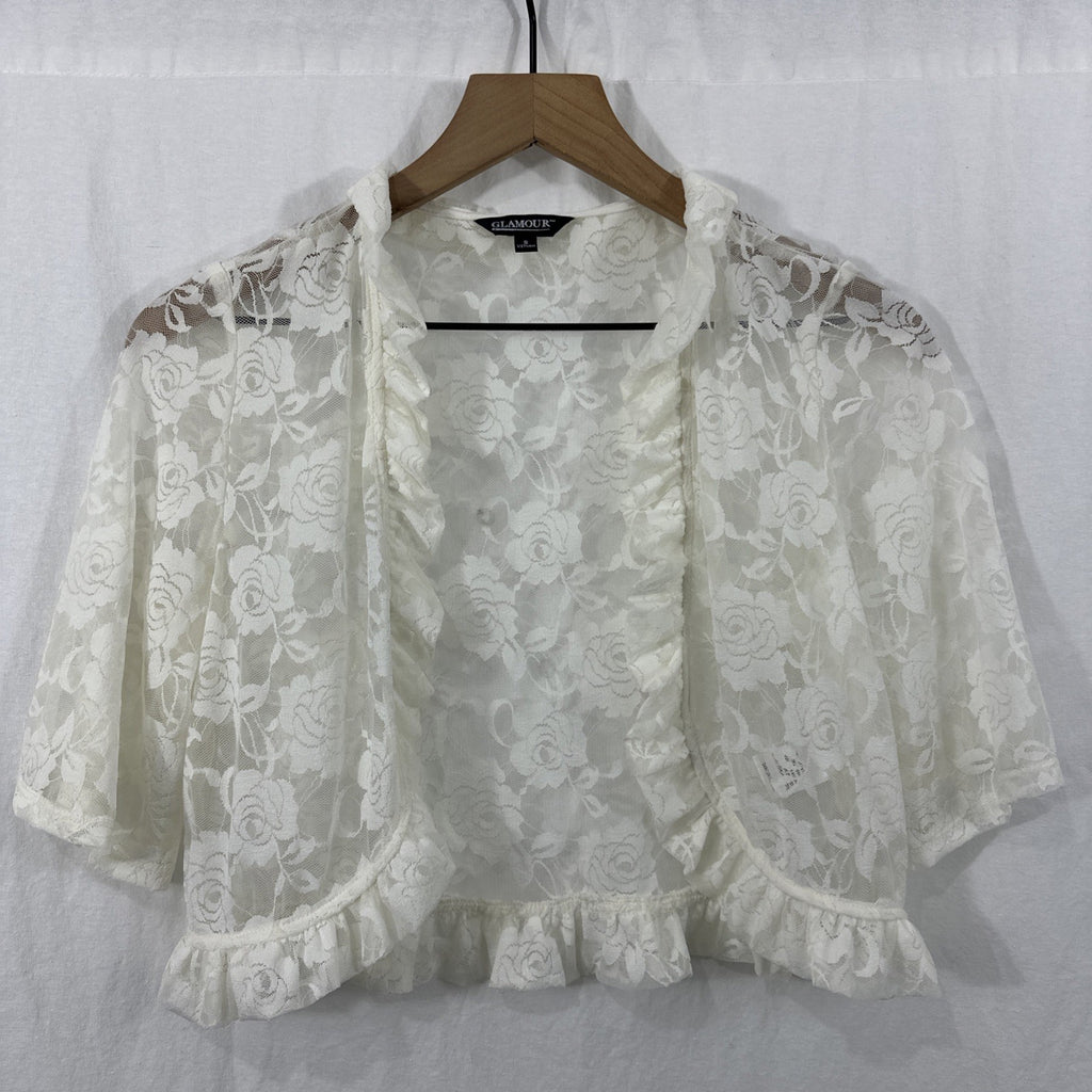 Glamour Ivory Floral Lace Sheer Ruffle Shrug Bolero Cardigan Top Size S