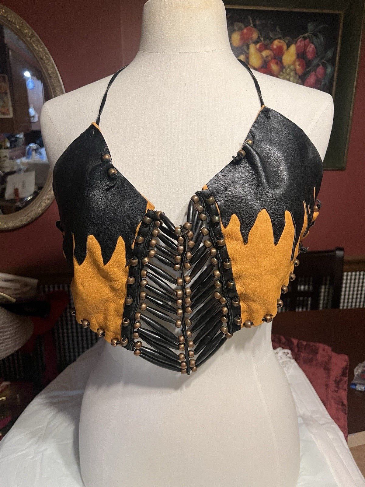 Vtg. 2/ Leather Fringe Halter Tops Black Biker Festival Cowgirl custom-made!!Sm.
