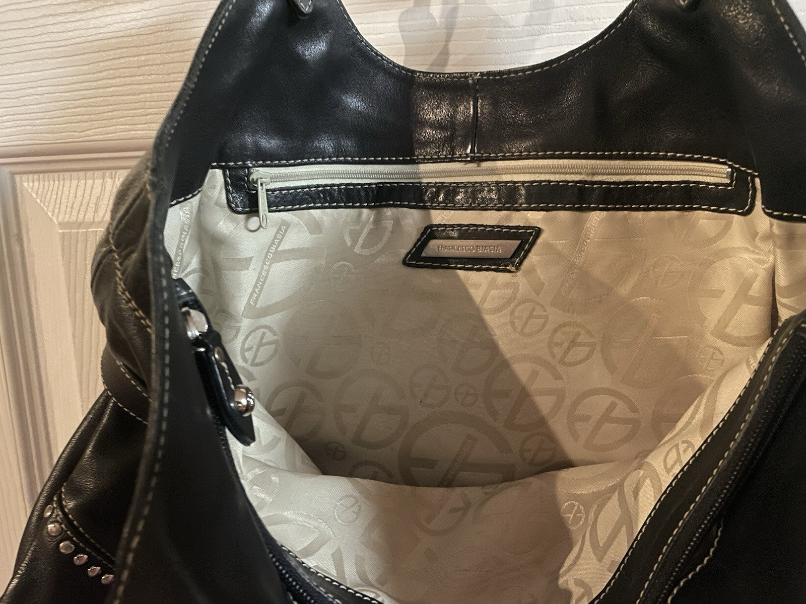 Francesco Biasia Y2K Black Leather Studded Hobo Shoulder Bag Large