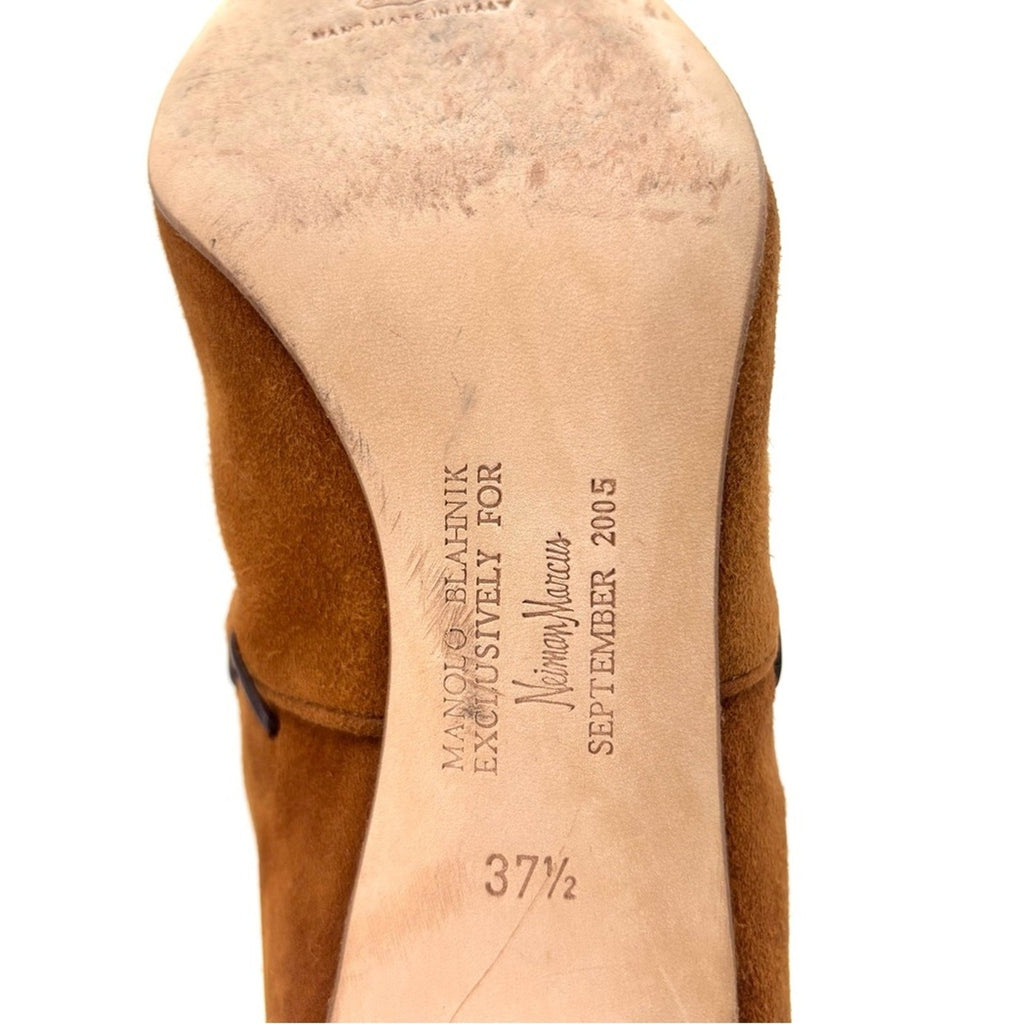 Manolo Blahnik Brown Suede Whipstitch Pointed Toe Mid Calf Heeled Boots 37.5