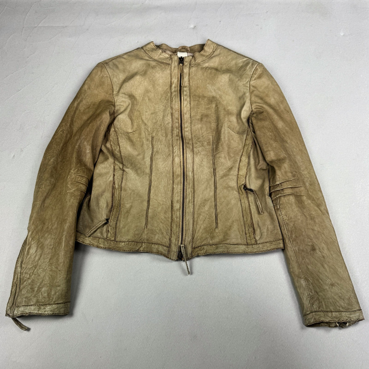 Vintage Beige Genuine Leather Cropped Moto Jacket