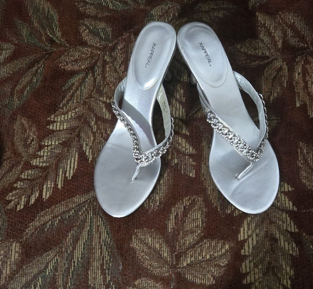 Vintage X-Appeal Zaza Metallic Silver Rhinestone Chain Kitten Heels