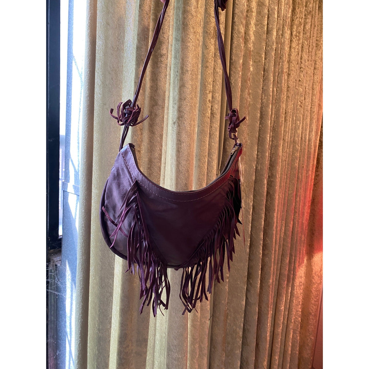 Vintage 1980s Maroon Leather Fringe Hobo Bag