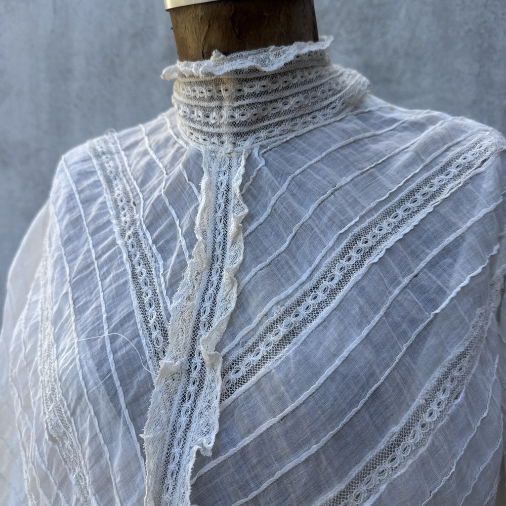 Antique Edwardian Bodice Bell Sleeve Pin Tucks Lace  Dress Blouse Top Vintage