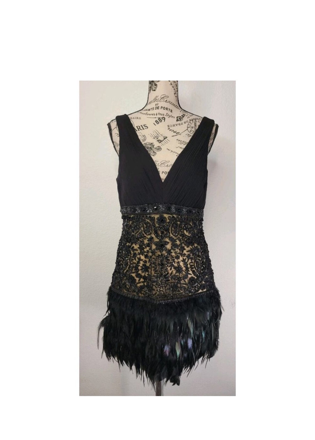 Vintage Sue Wong black mini dress with feather trim on the bottom. Never worn.