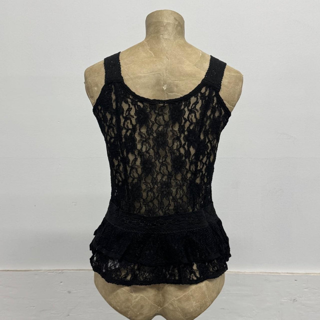 Vintage Japanese Y2K Black Sheer Floral Lace Peplum Tank Top