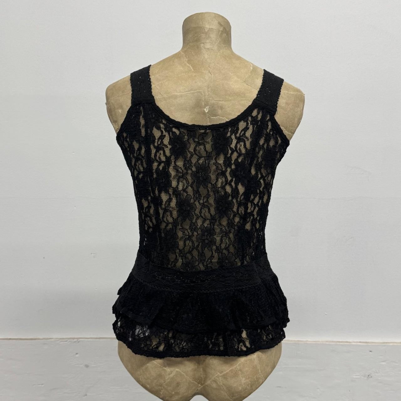 Vintage Japanese Y2K Black Sheer Floral Lace Peplum Tank Top