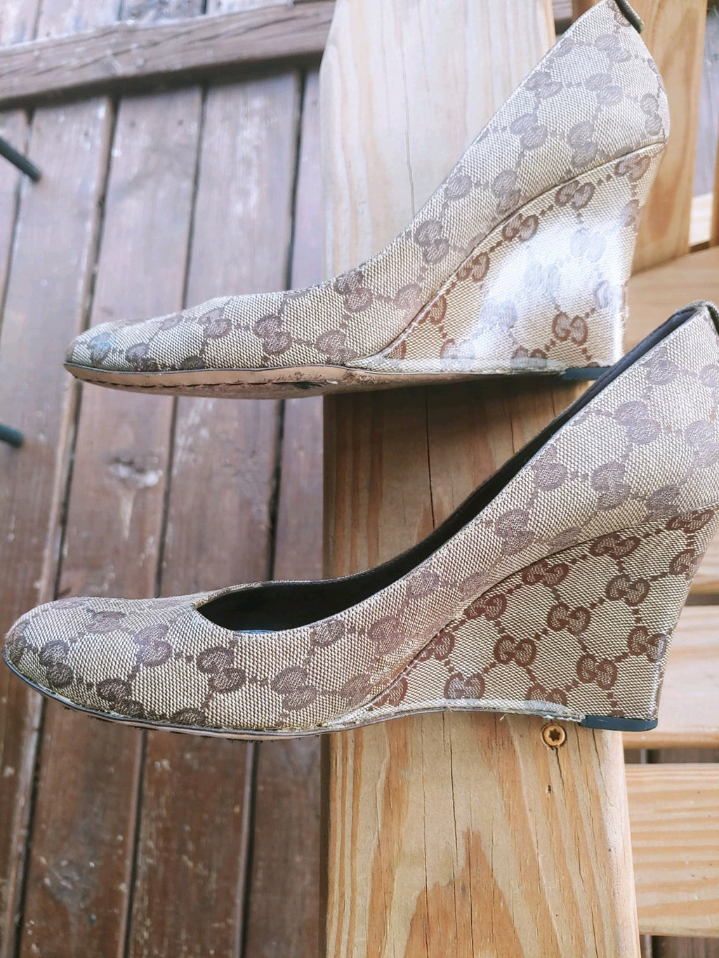 Gucci Beige and Brown GG Canvas Slip On Wedge Heels Size 10