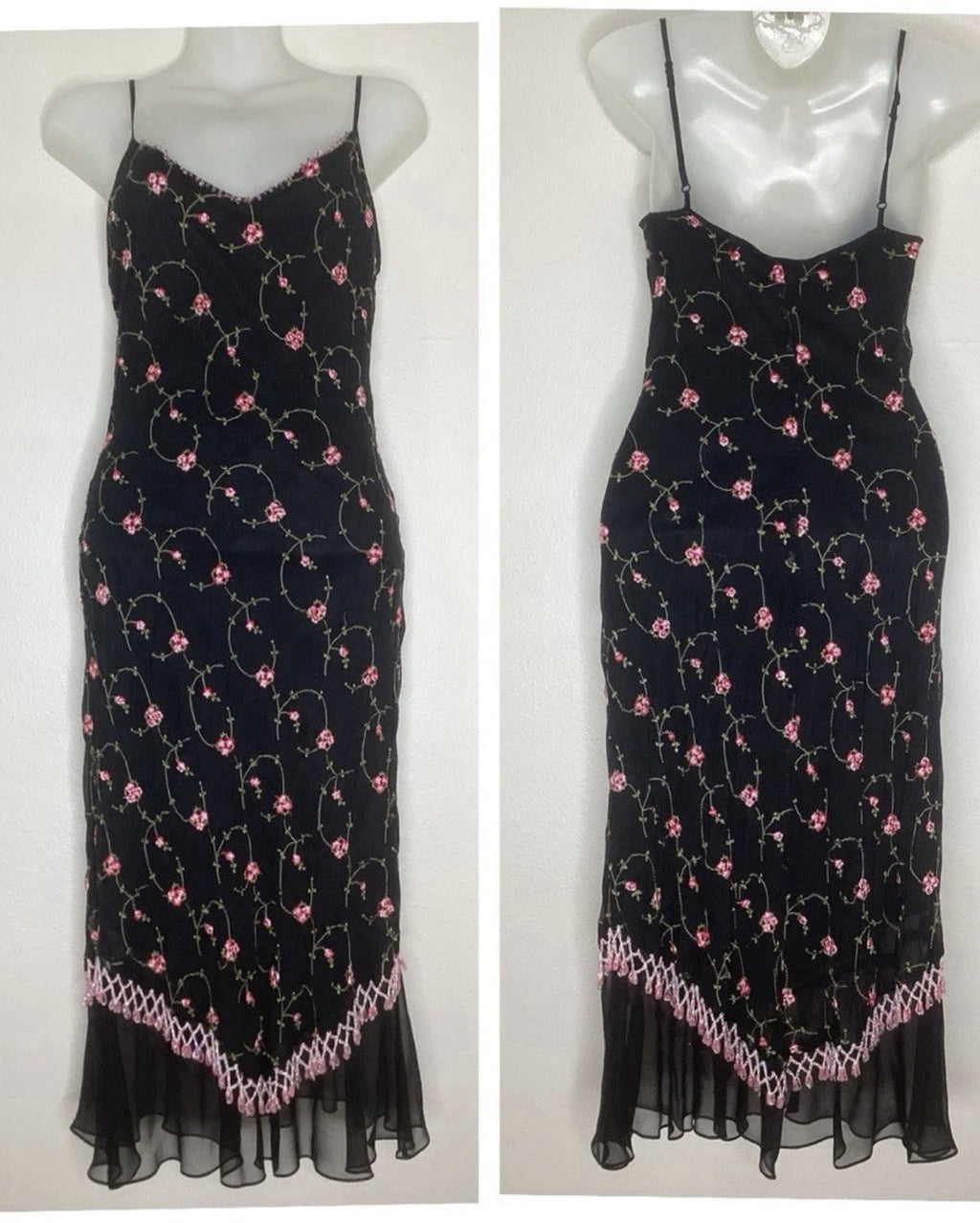 Betsey Johnson Silk Slip Dress Babydoll Black With Pink Roses Beaded Y2K Rare