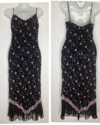 Betsey Johnson Silk Slip Dress Babydoll Black With Pink Roses Beaded Y2K Rare