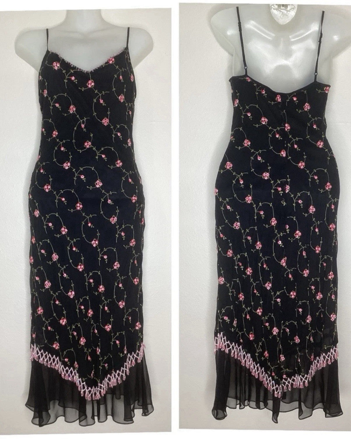 Betsey Johnson Silk Slip Dress Babydoll Black With Pink Roses Beaded Y2K Rare