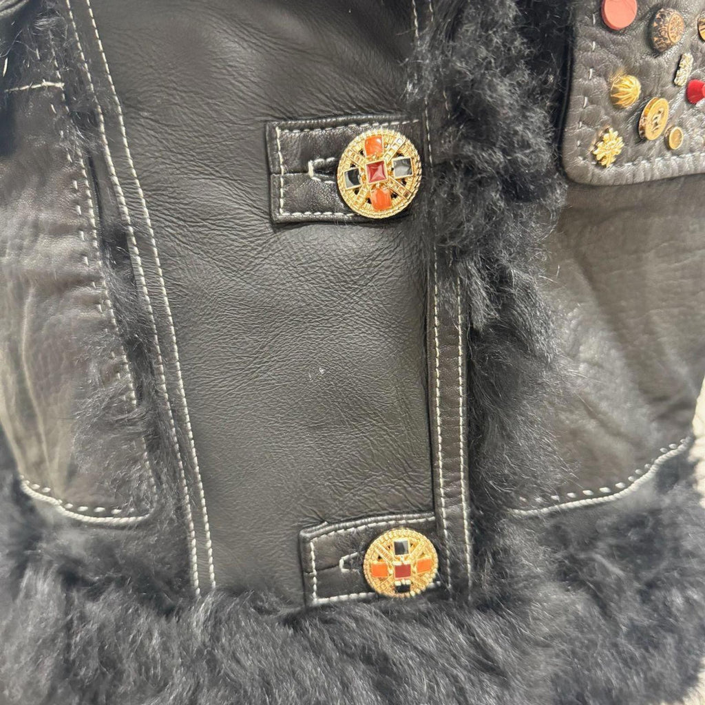 Vintage Black Gold Embellished Leather and Shearling Statement Jacket