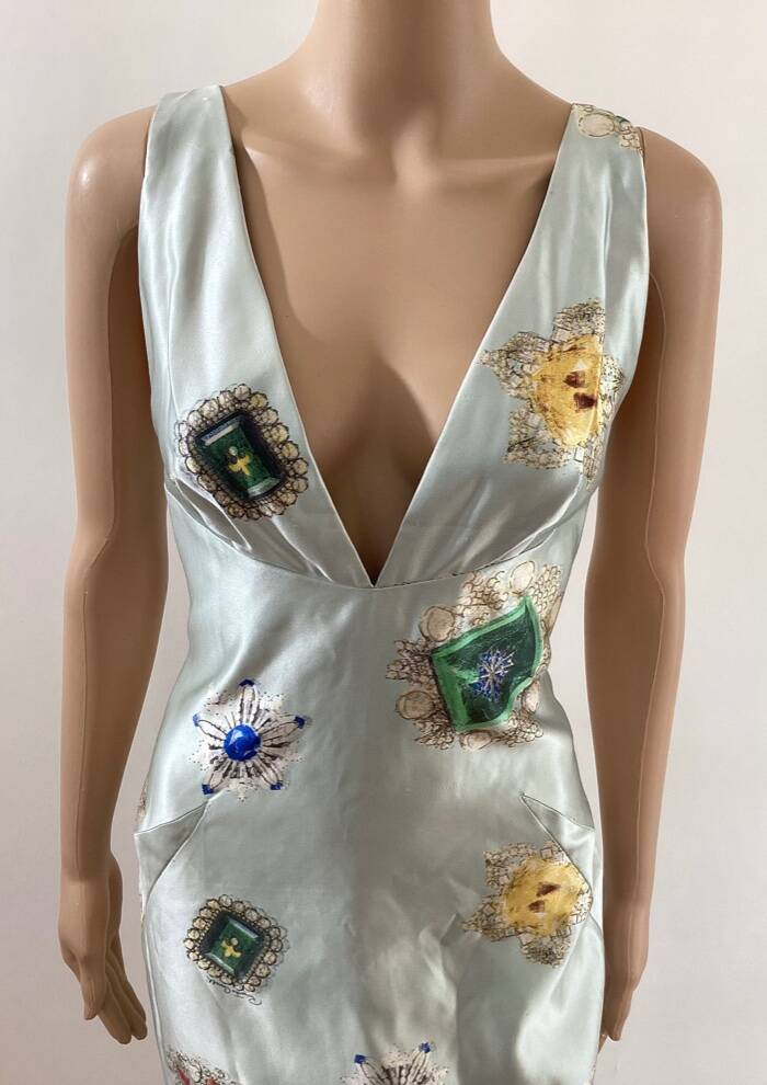 ROBERTO CAVALLI RARE VINTAGE FW/2002 PLUNGING JEWEL PRINT RUNWAY DRESS SZ M