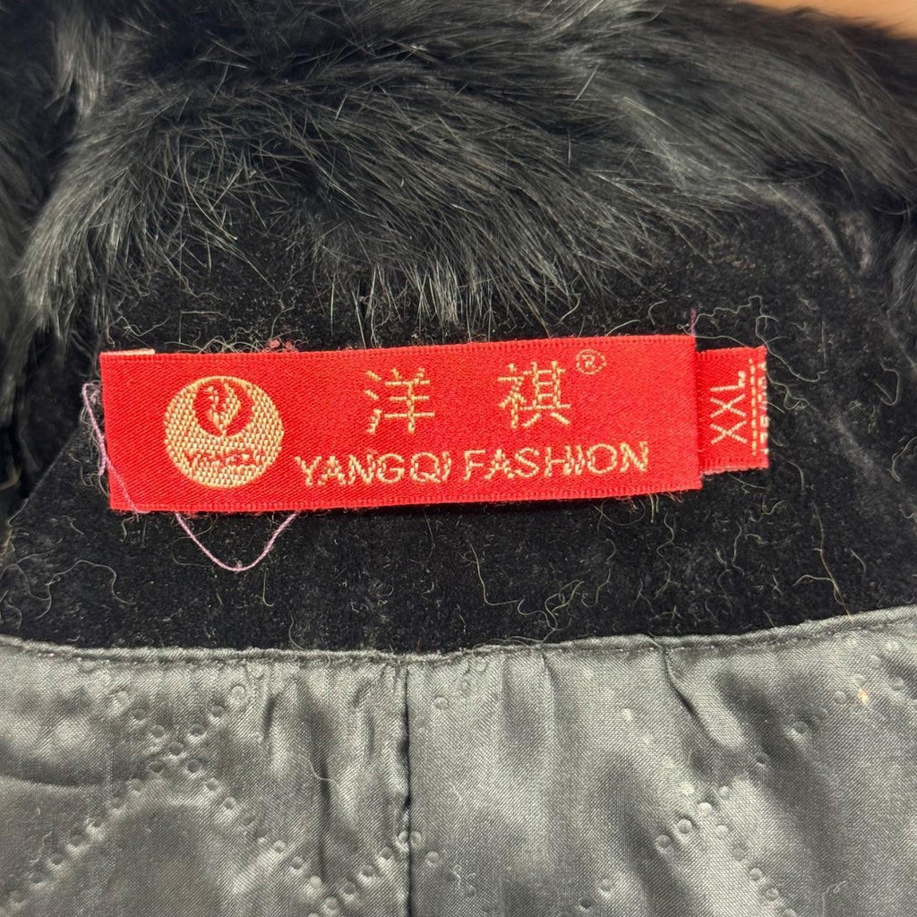 Vintage Y2K Black Plush Rabbit Fur and Velvet Zip-Up Bomber Jacket