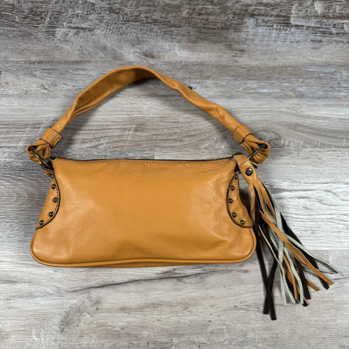 Vintage Leather Tan Studded Tassel Shoulder Bag