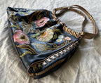 Isabella Fiore Black and Gold Floral Embroidered Leather Shoulder Bag