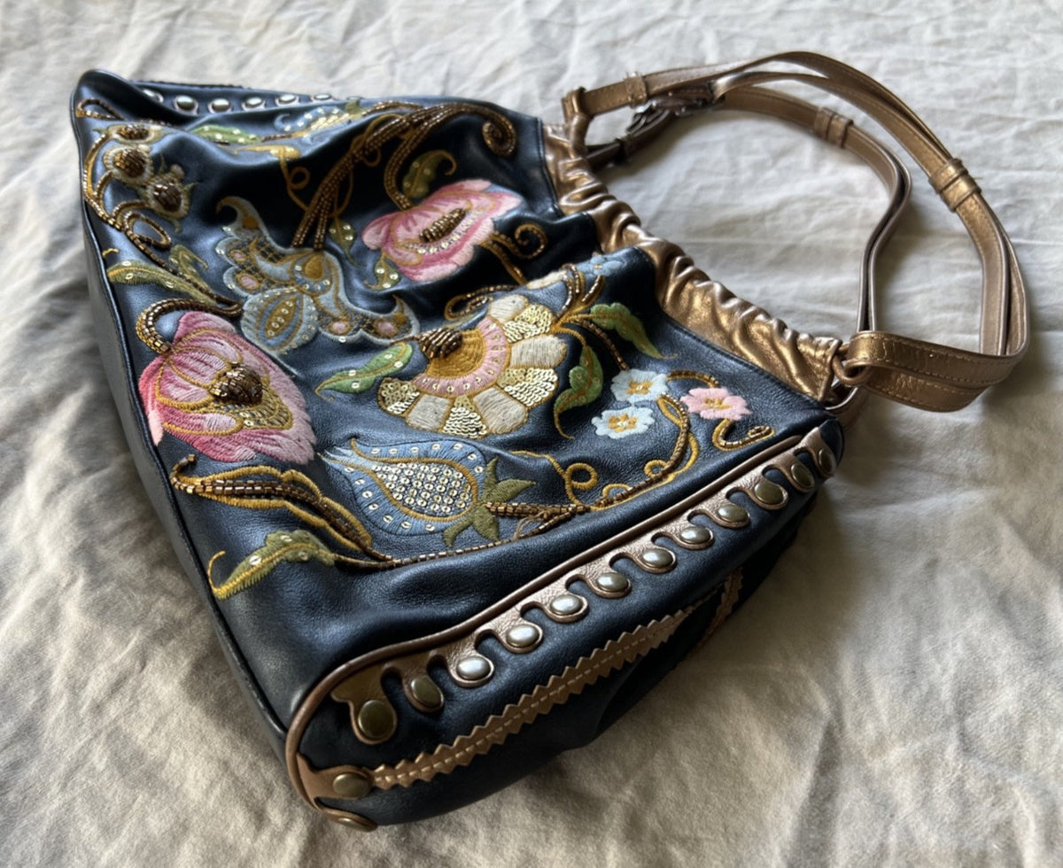 Isabella Fiore Black and Gold Floral Embroidered Leather Shoulder Bag