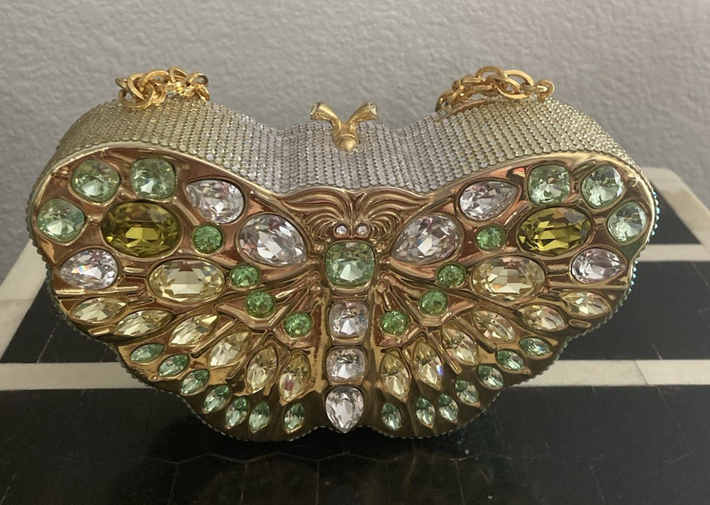 JUDITH LEIBER SWAROVSKI CRYSTAL CELESTRINA GOLD BUTTERFLY BAG MINAUDIERE CLUTCH