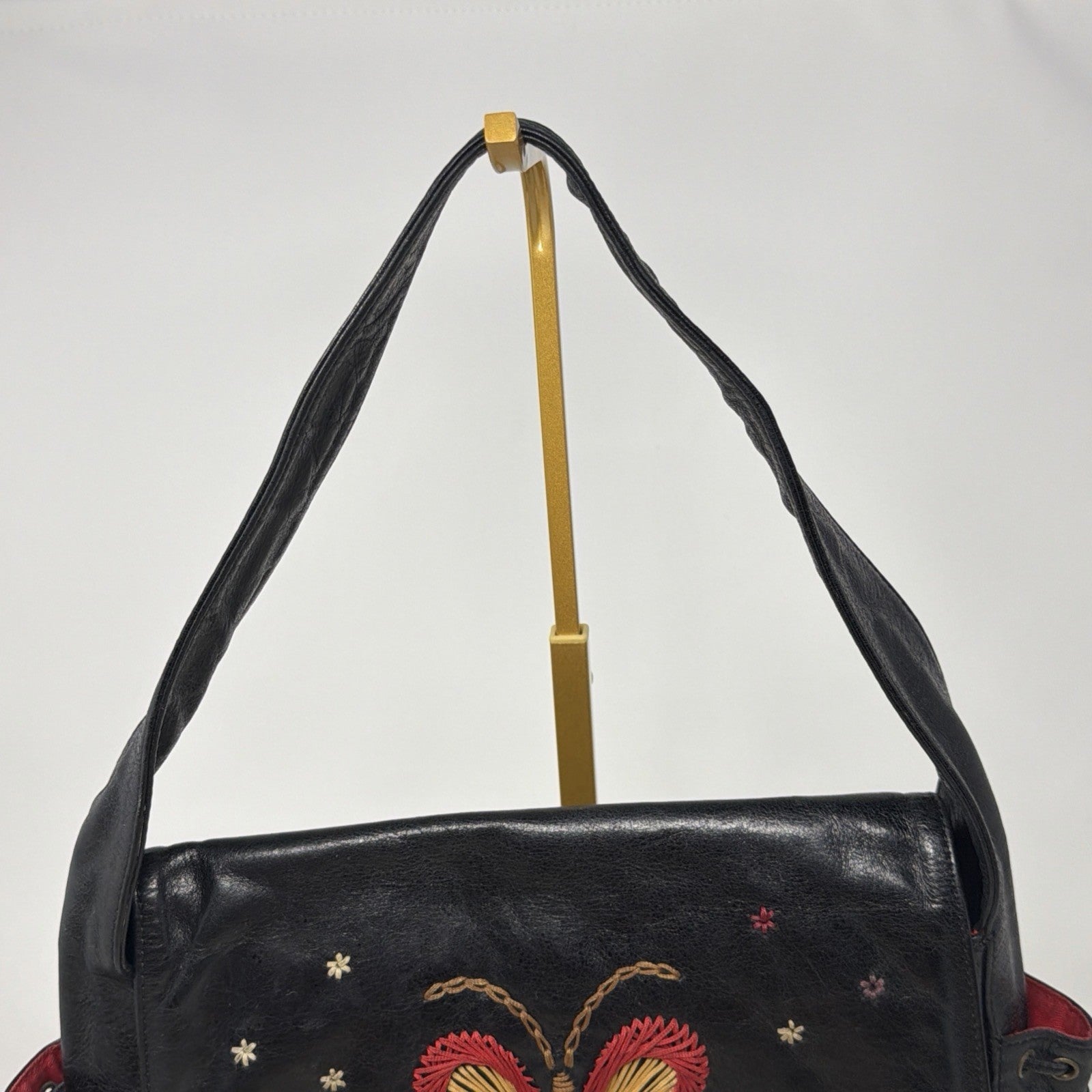 Francesco Biasia Vintage Black Leather Butterfly Embroidered Tassel Boho Bag