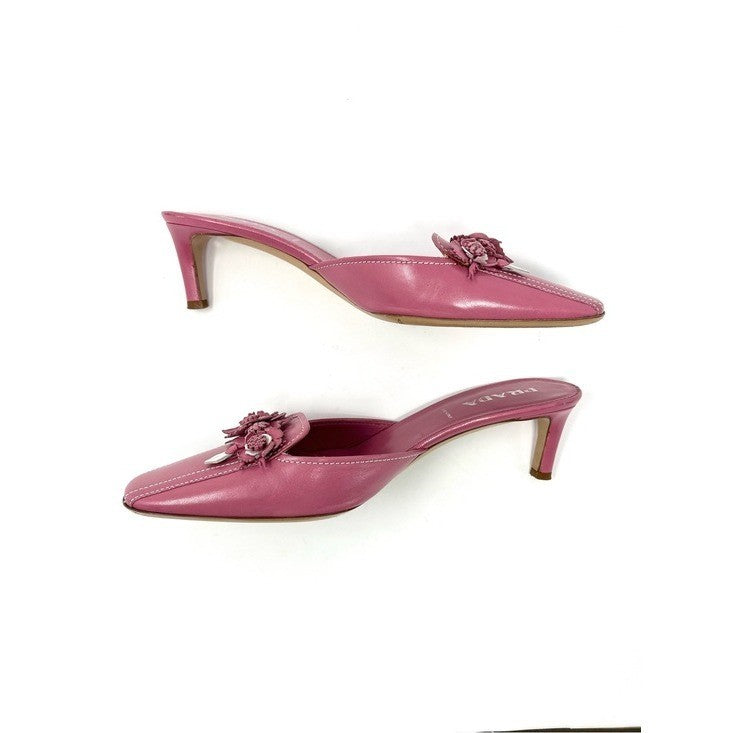 Prada 1990s Pink and White Leather Flower Bouquet Mules Size 36.5
