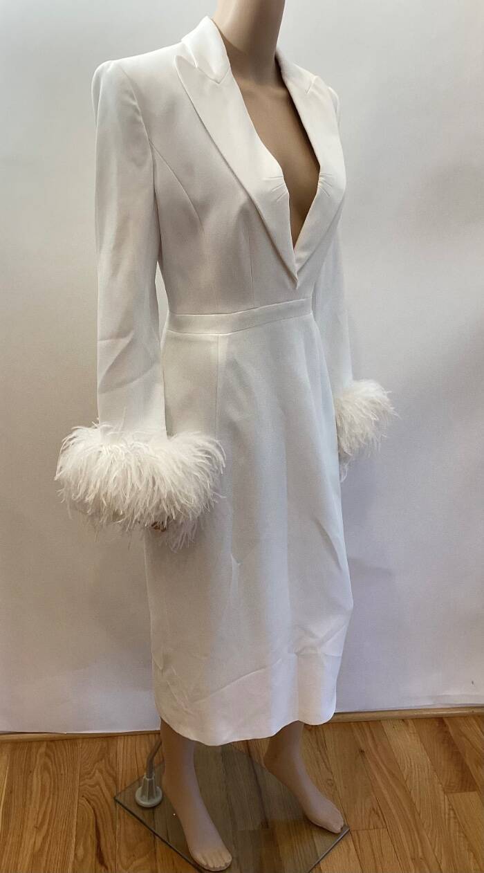 ANDREW GN FEATHER TRIM BLAZER MIDI DRESS SZ FR 40 US 8