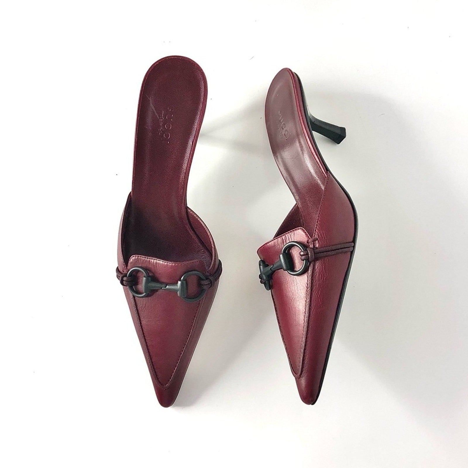 NIB Vintage Gucci Horsebit Wine Leather Pointed Toe Kitten Heel Pumps Mules 8.5