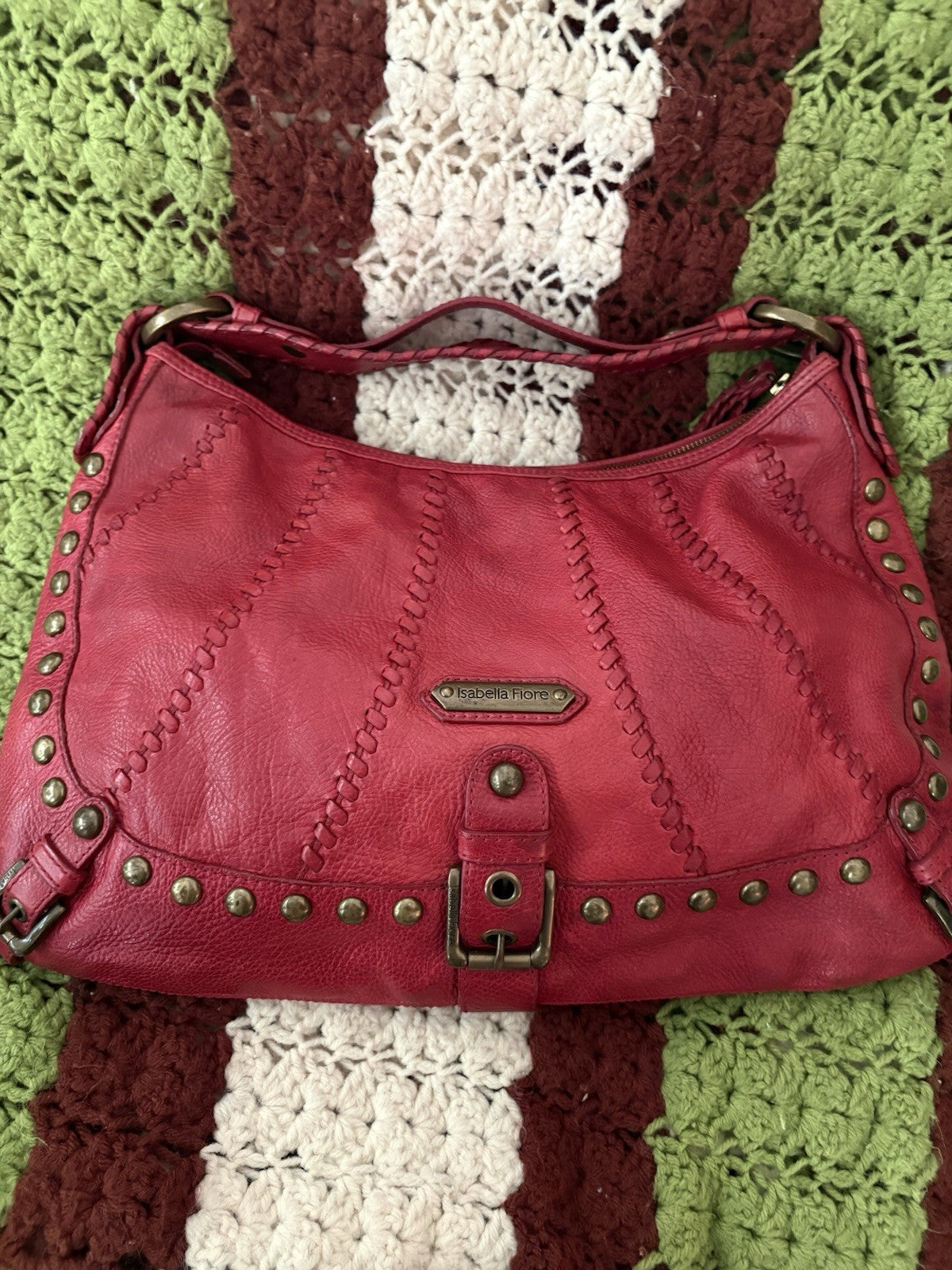 Isabella Fiore Audra Studded Leather Hobo Bag Red