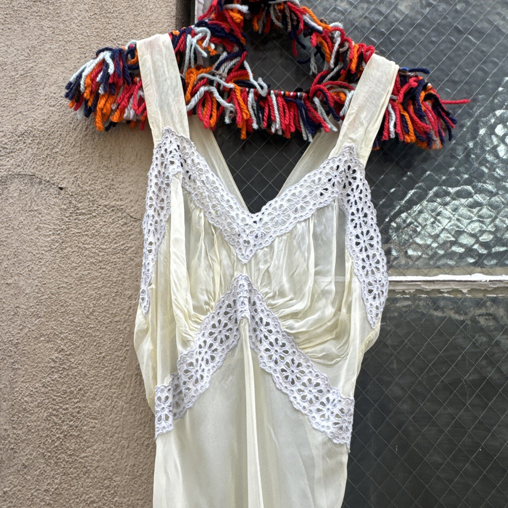 Vintage 1930s Pale Yellow Buttercup Dress Lace Bias Cut Art Deco Slip Gown Maxi