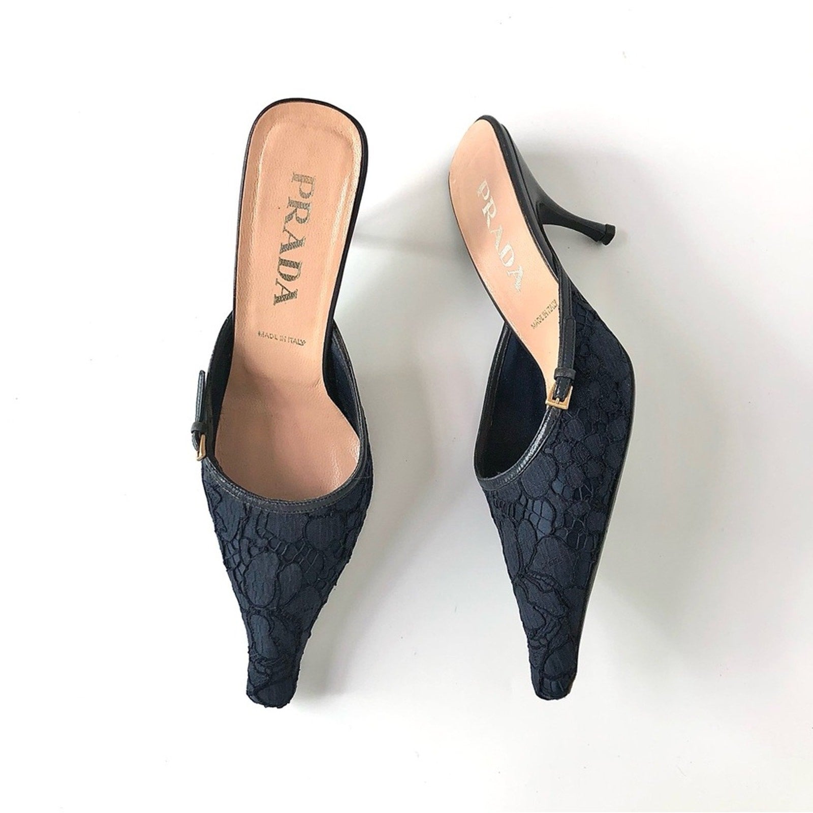 Prada Retro Vintage Buckle Lace Detail Pointed Toe Heeled Mules Pumps 39